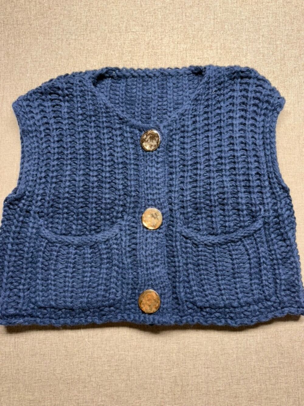 Womens Small Navy Chunky Knit Sweater Vest Gold Buttons Pockets